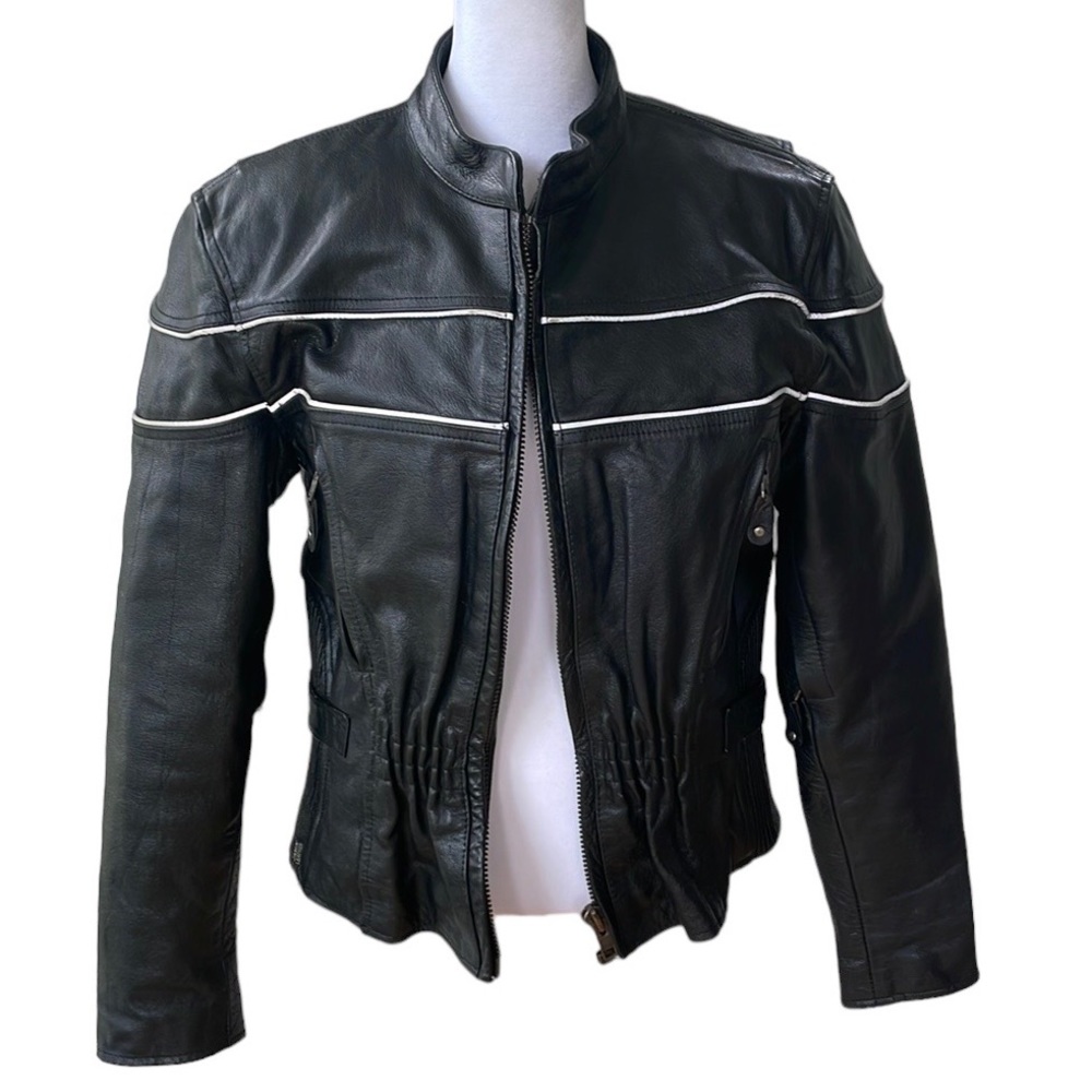Jamin Leather Black Leather Motorcyle Jacket Reflective Trim Sz Medium Vintage